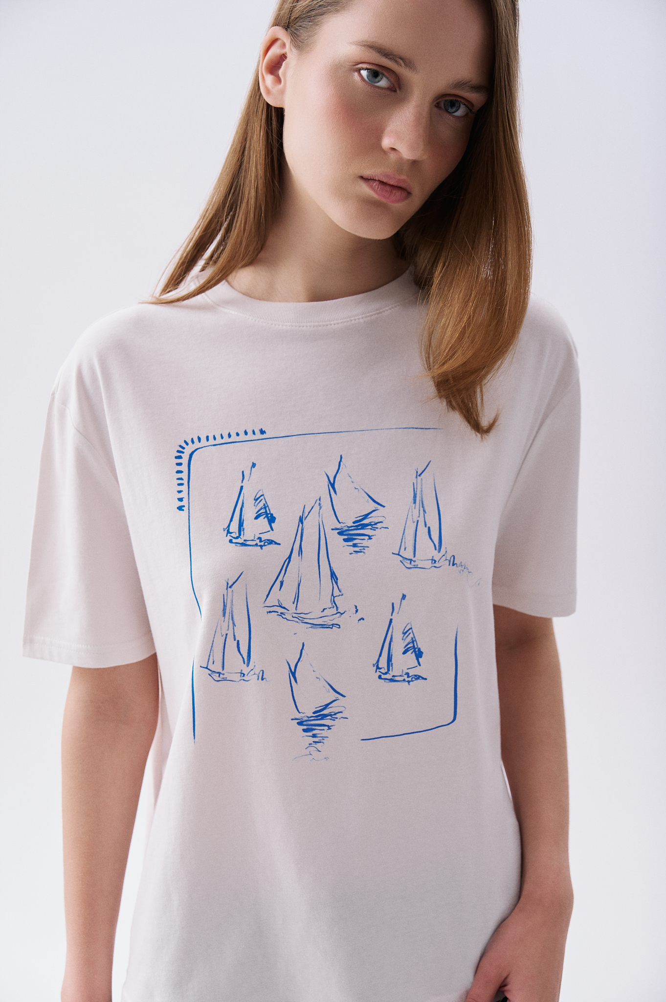 Kadın Kırık Beyaz Baskılı Bisiklet Yaka T-Shirt