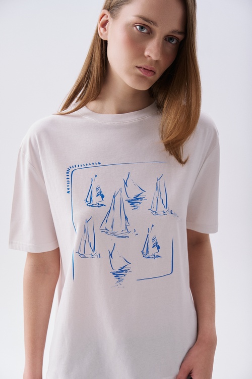 Kadın Kırık Beyaz Baskılı Bisiklet Yaka T-Shirt