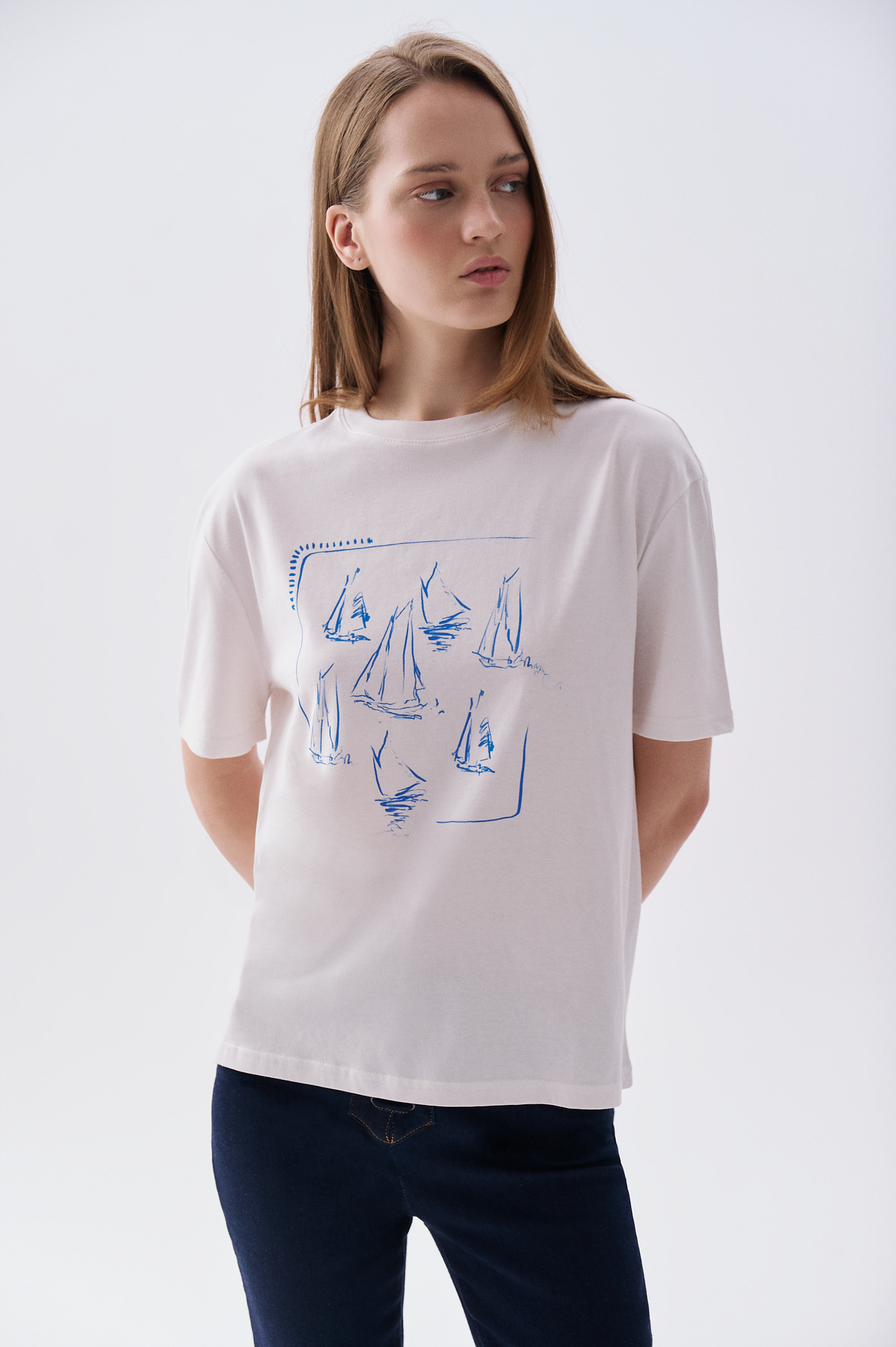 Kadın Kırık Beyaz Baskılı Bisiklet Yaka T-Shirt