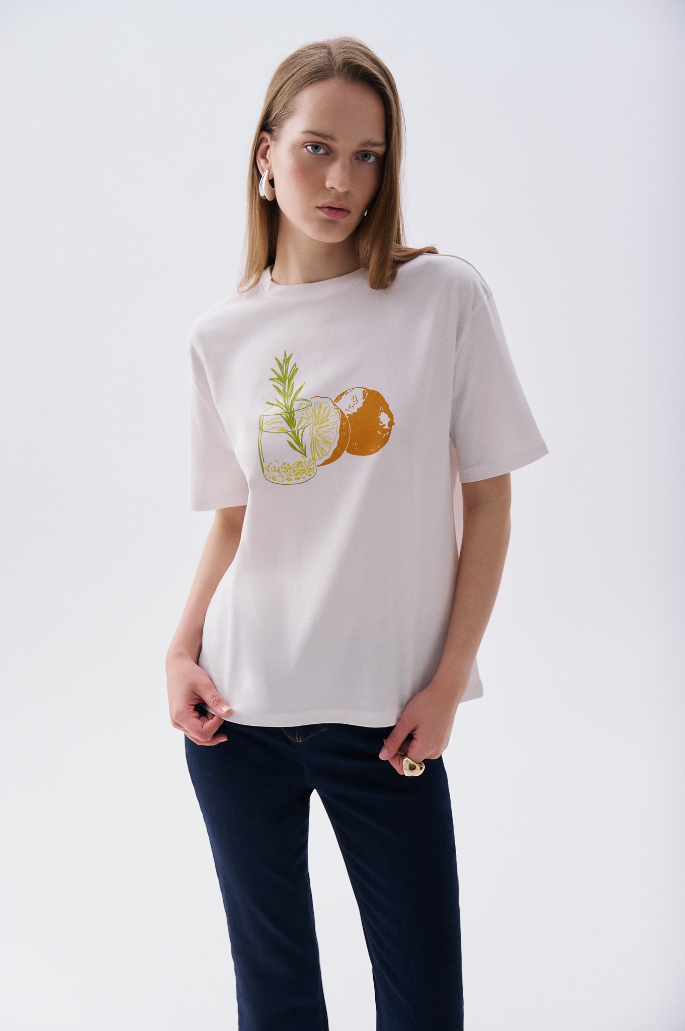 Kadın Kırık Beyaz Baskılı Bisiklet Yaka T-Shirt