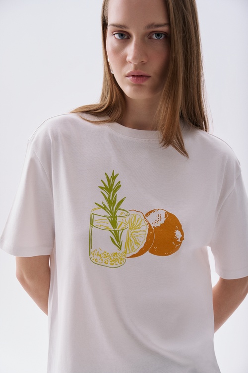 Kadın Kırık Beyaz Baskılı Bisiklet Yaka T-Shirt