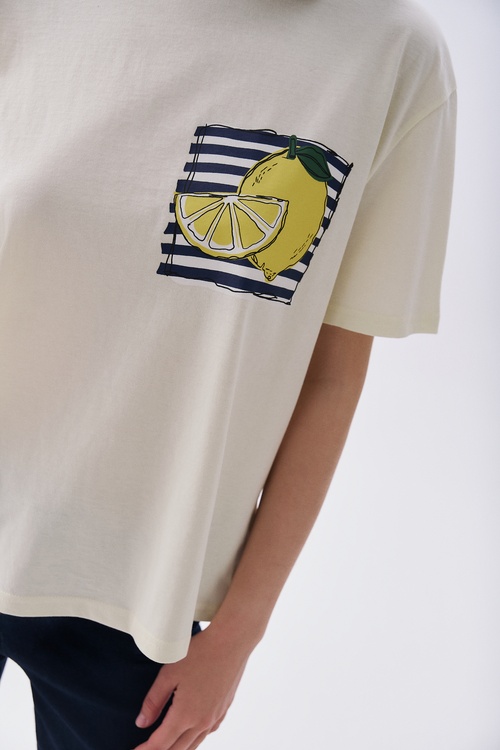 Kadın Sarı Baskılı Bisiklet Yaka T-Shirt