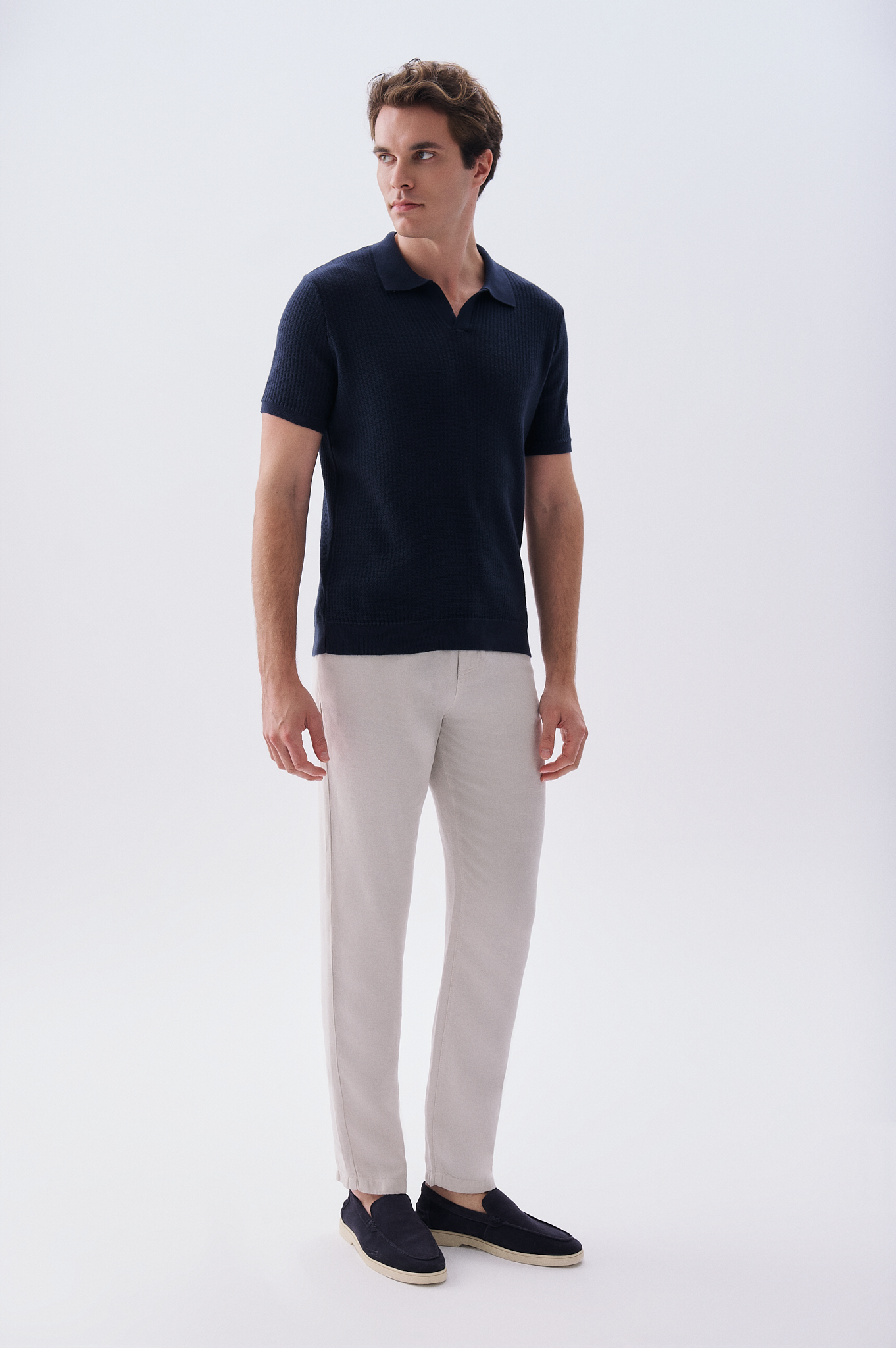 Erkek Bej Rengi Straight Fit Keten Karışımlı Pantolon