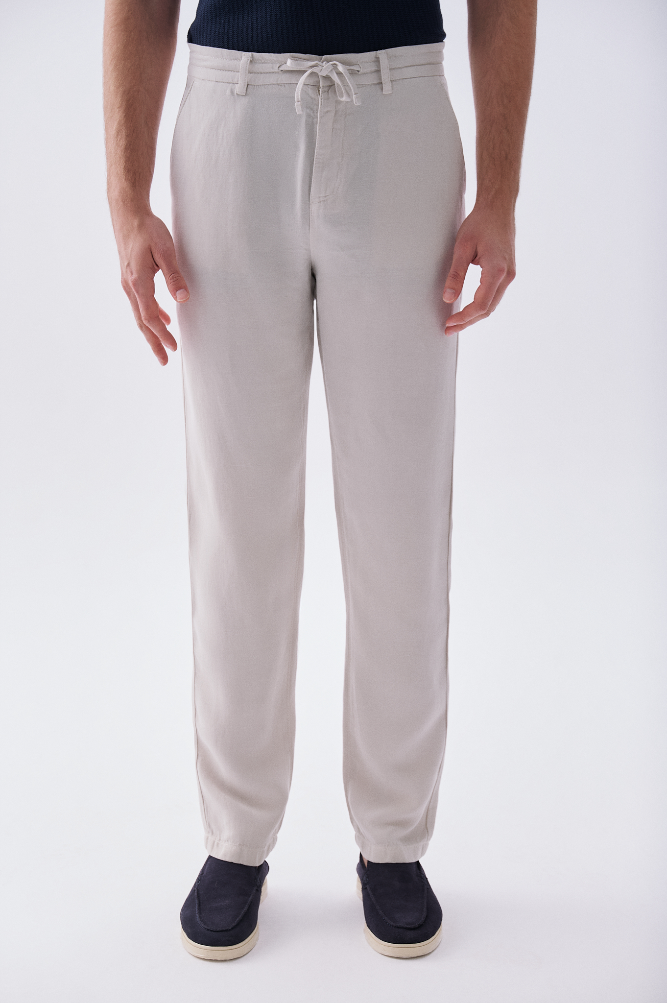 Erkek Bej Rengi Straight Fit Keten Karışımlı Pantolon