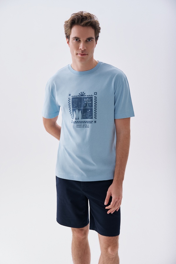 Erkek Mavi Baskılı Oversize Bisiklet Yaka T-Shirt