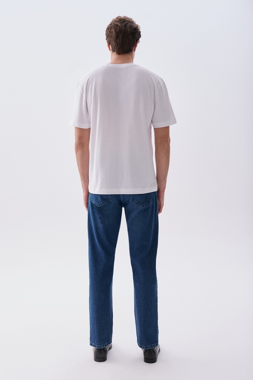 Erkek Beyaz Baskılı Oversize Bisiklet Yaka T-Shirt