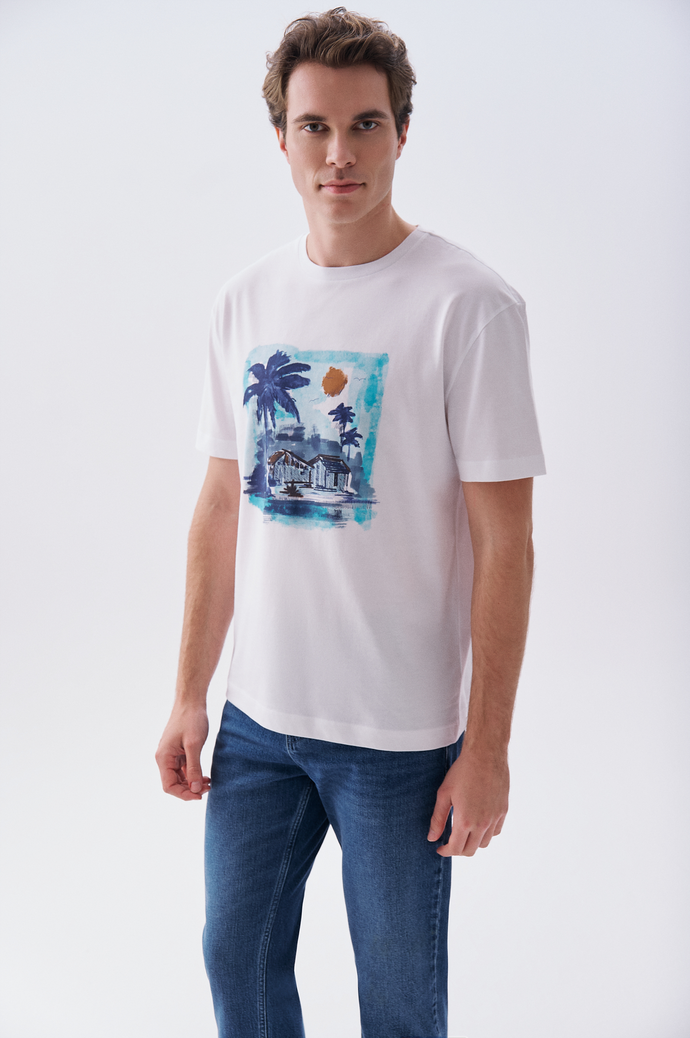 Erkek Beyaz Baskılı Oversize Bisiklet Yaka T-Shirt
