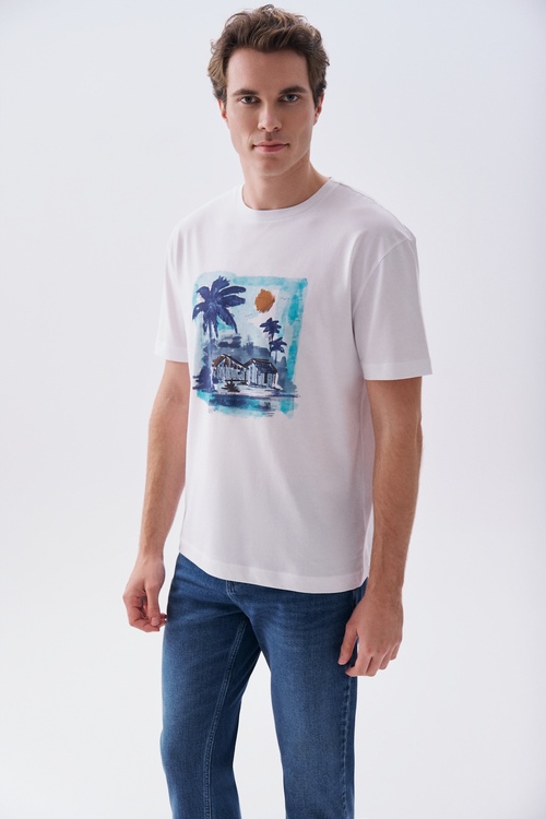 Erkek Beyaz Baskılı Oversize Bisiklet Yaka T-Shirt