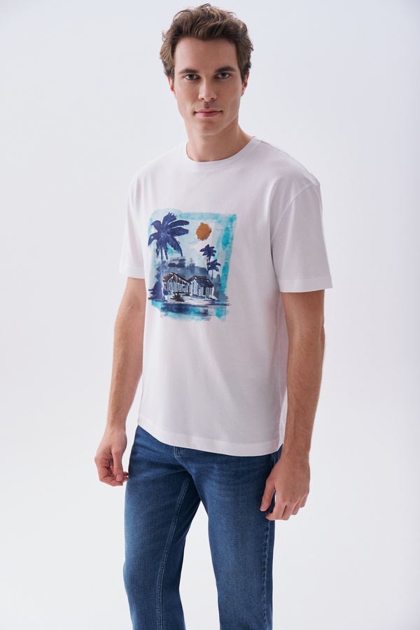 Erkek Beyaz Baskılı Oversize Bisiklet Yaka T-Shirt