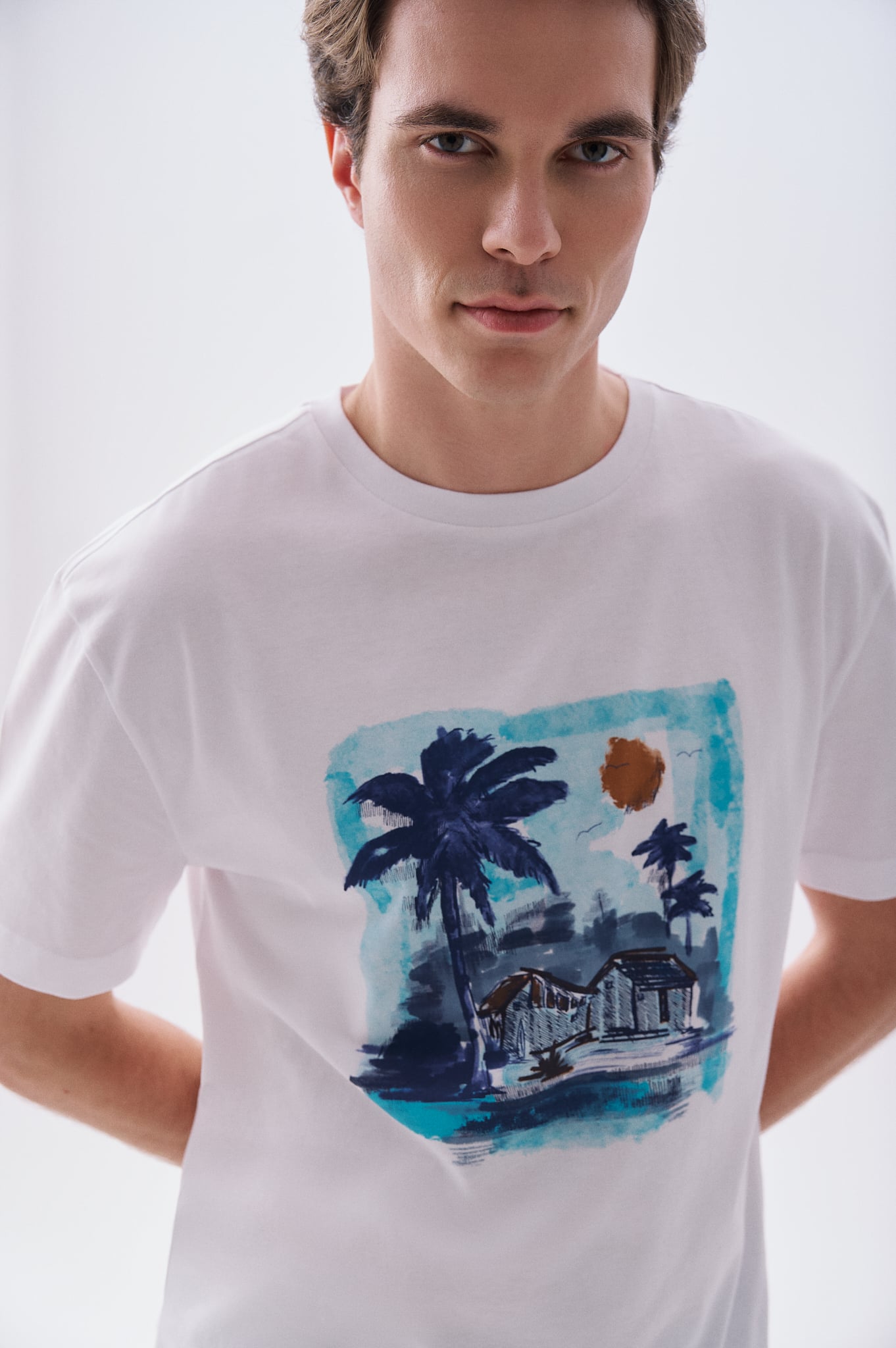 Erkek Beyaz Baskılı Oversize Bisiklet Yaka T-Shirt
