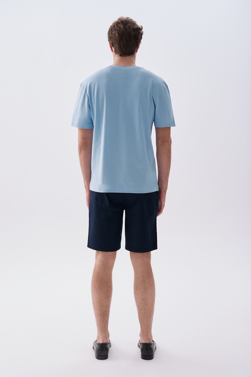 Erkek Mavi Baskılı Oversize Bisiklet Yaka T-Shirt
