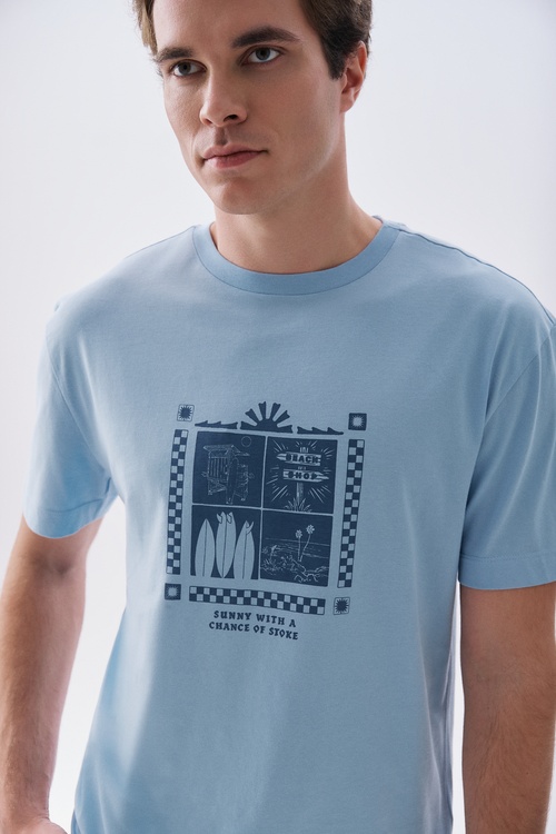 Erkek Mavi Baskılı Oversize Bisiklet Yaka T-Shirt