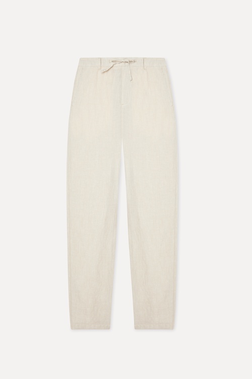 Erkek Bej Rengi Çizgili Straight Fit Keten Pantolon