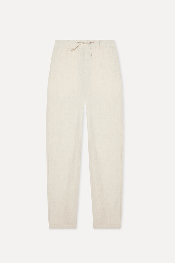 Erkek Bej Rengi Çizgili Straight Fit Keten Pantolon