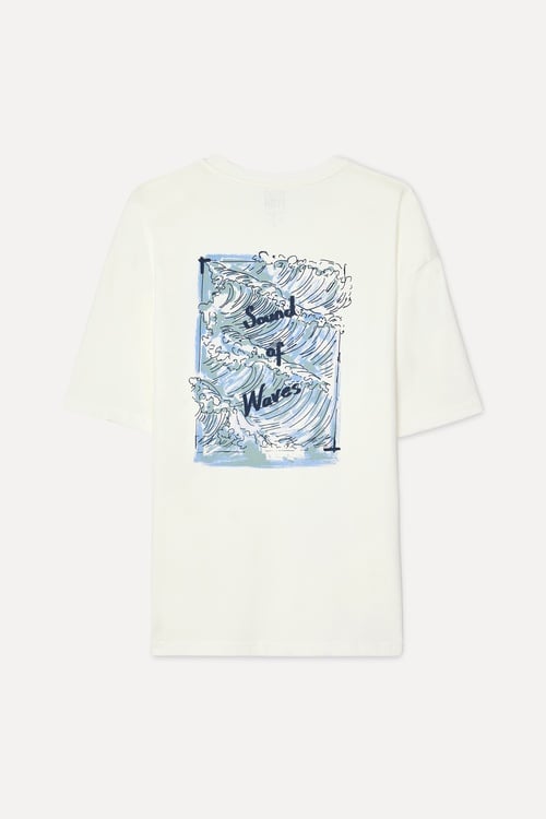  Erkek Kırık Beyaz Baskılı Oversize Bisiklet Yaka T-Shirt