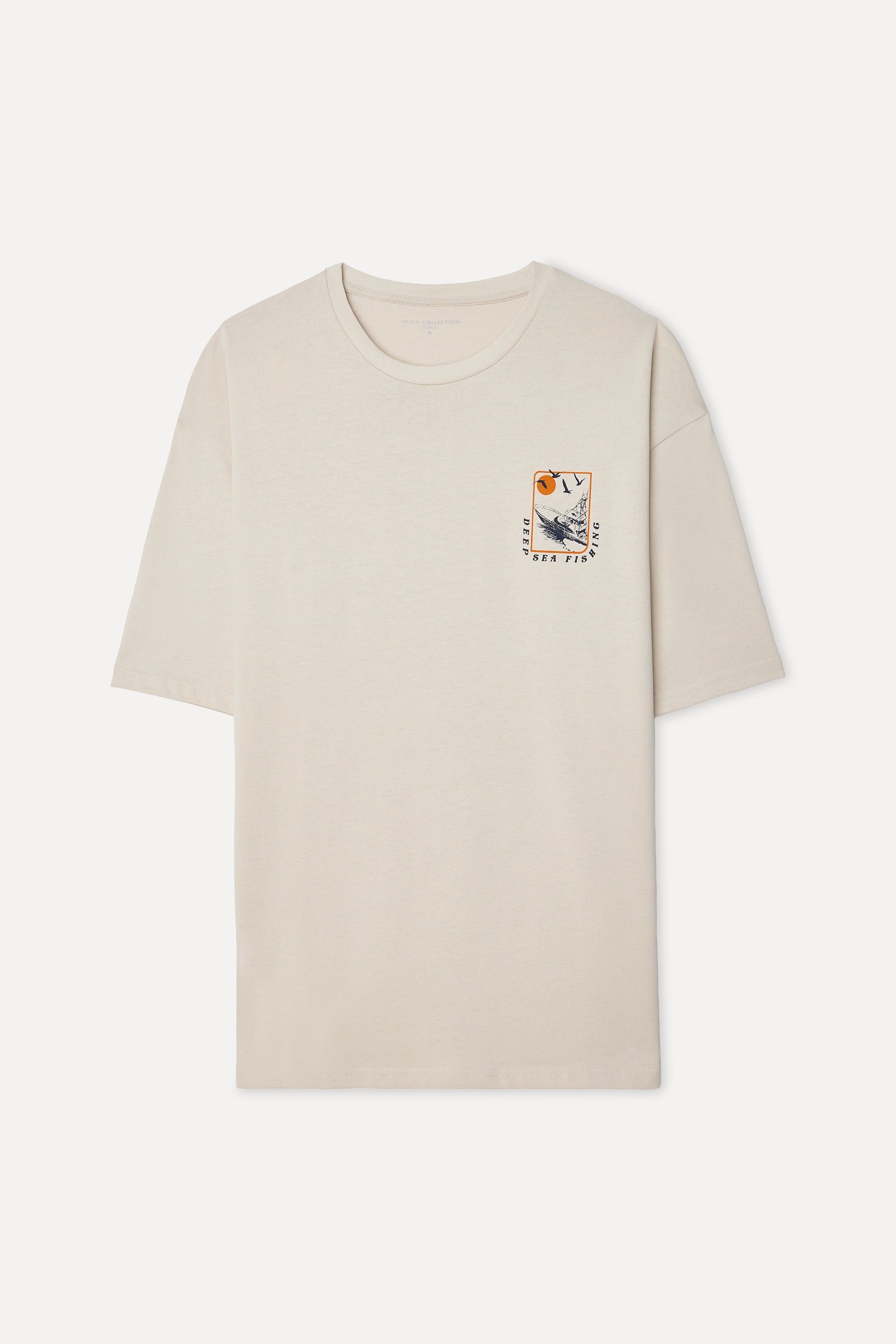 Mudo Erkek Taş Rengi Baskılı Oversize Bisiklet Yaka T-Shirt