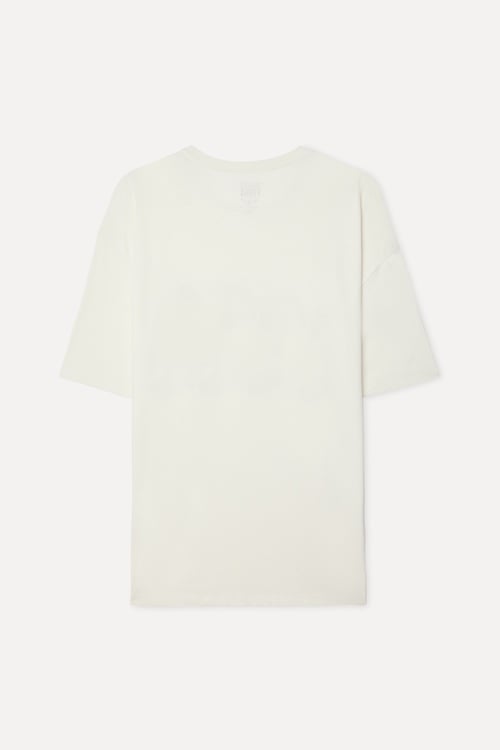  Erkek Kırık Beyaz Baskılı Oversize Bisiklet Yaka T-Shirt