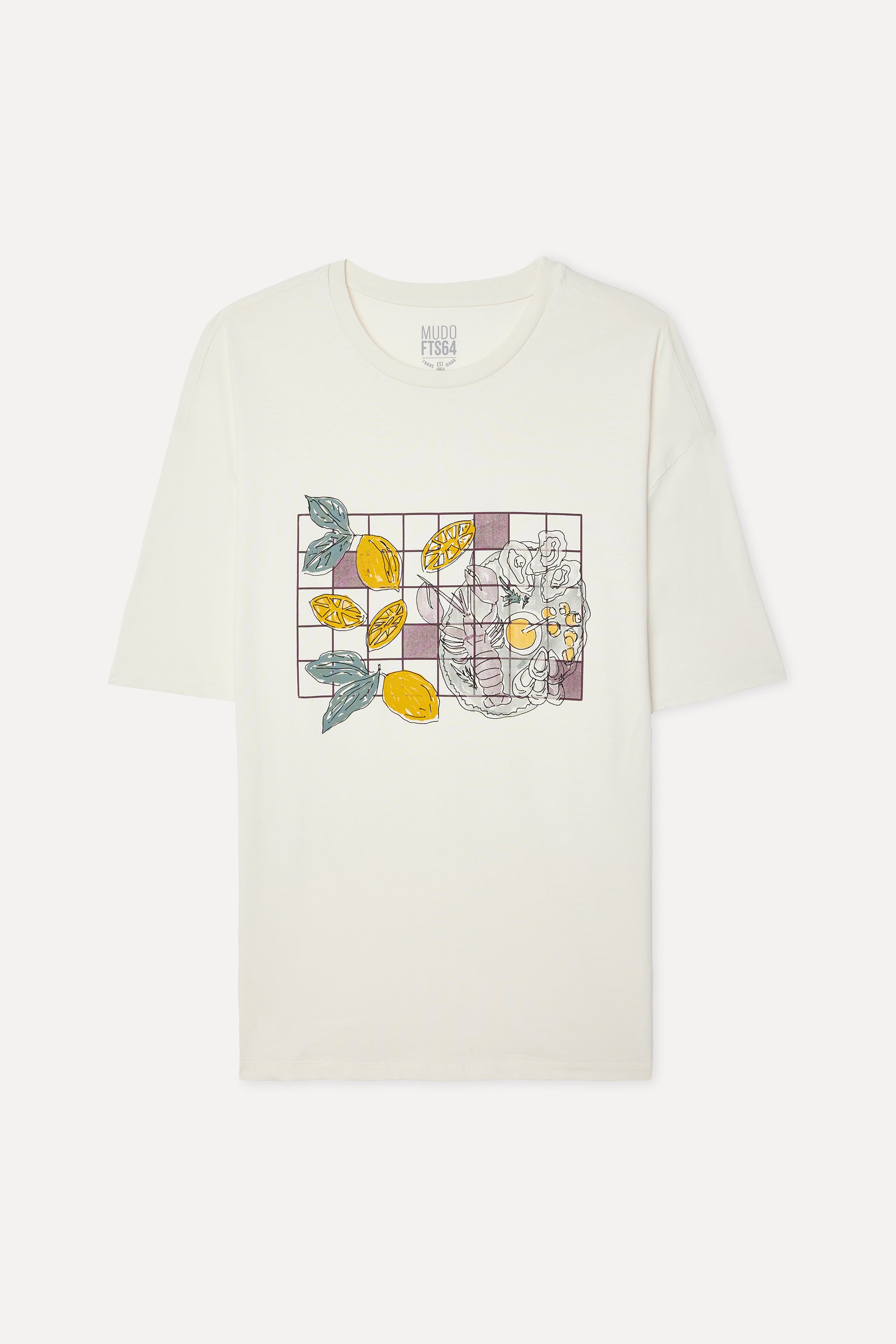 Erkek Kırık Beyaz Baskılı Oversize Bisiklet Yaka T-Shirt