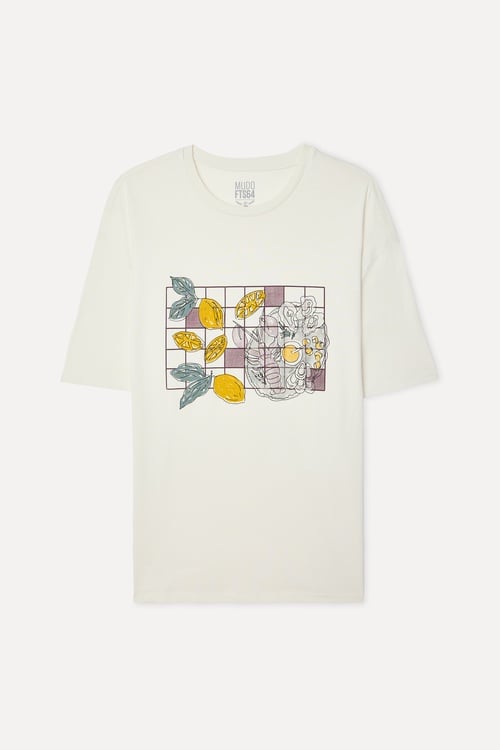  Erkek Kırık Beyaz Baskılı Oversize Bisiklet Yaka T-Shirt