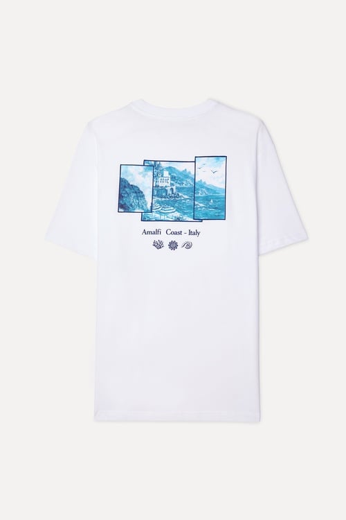  Erkek Beyaz Baskılı Loose Fit Bisiklet Yaka T-Shirt