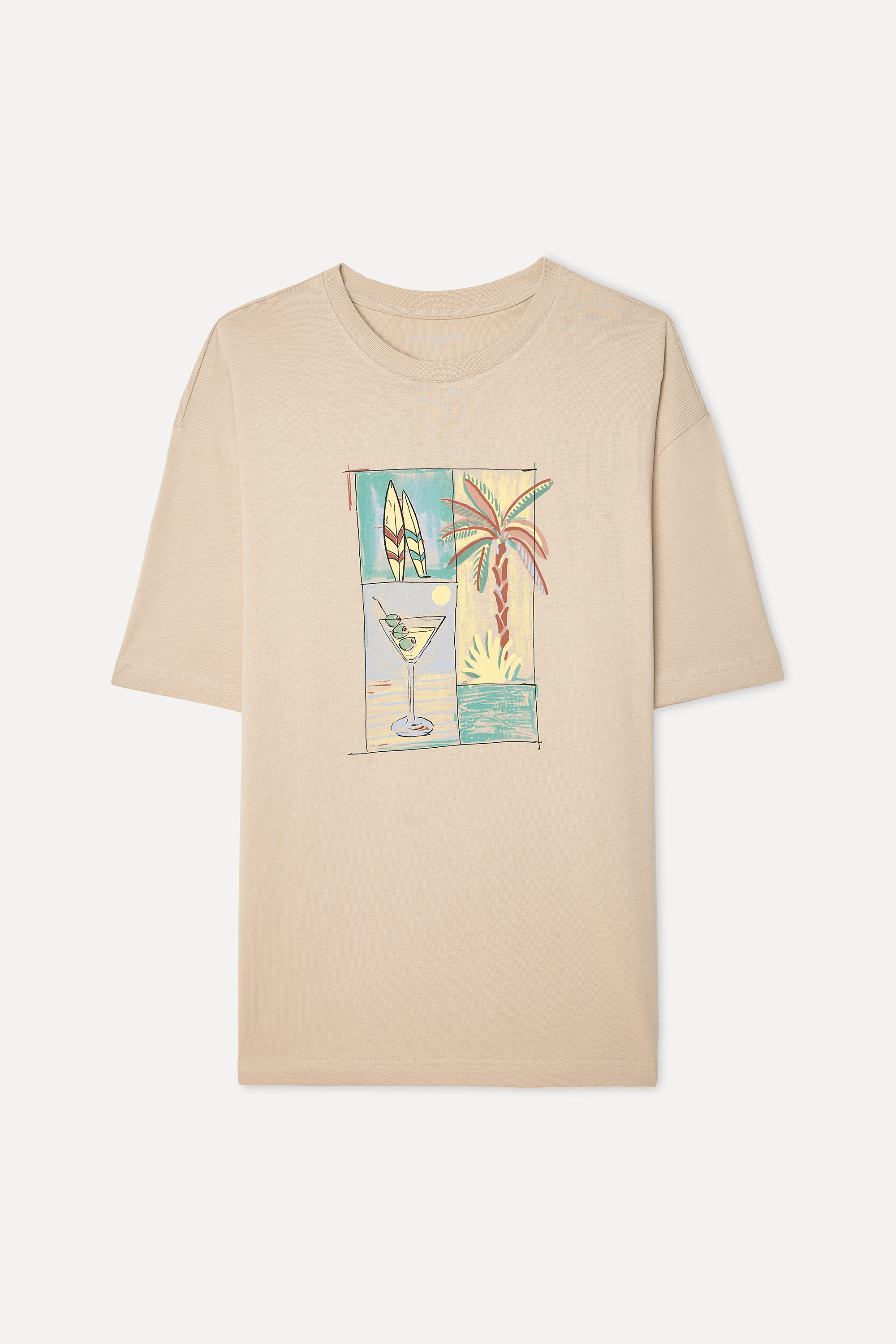 Erkek Bej Rengi Baskılı Oversize Bisiklet Yaka T-Shirt