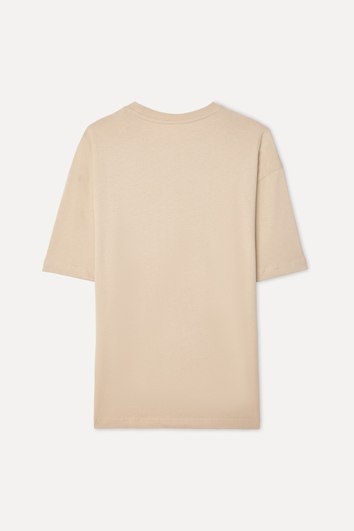 Erkek Bej Rengi Baskılı Oversize Bisiklet Yaka T-Shirt