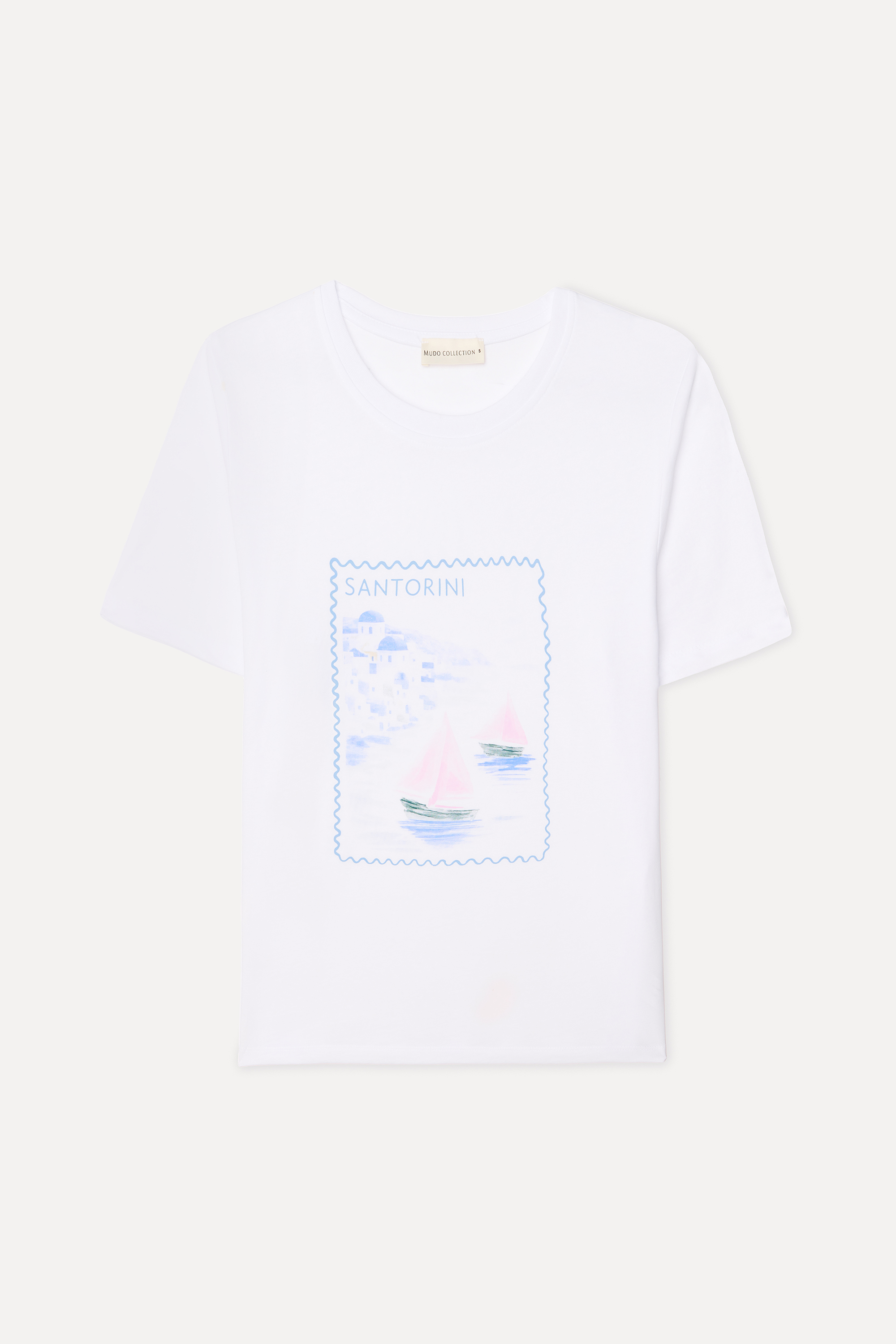 Kadın Beyaz Baskılı Bisiklet Yaka T-Shirt