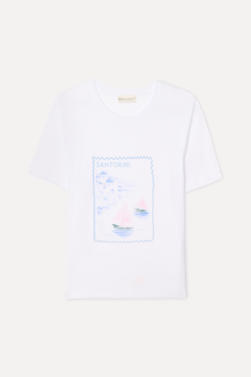 Kadın Beyaz Baskılı Bisiklet Yaka T-Shirt