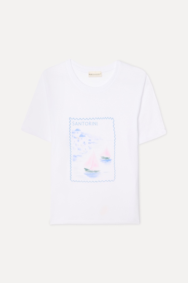 Kadın Beyaz Baskılı Bisiklet Yaka T-Shirt