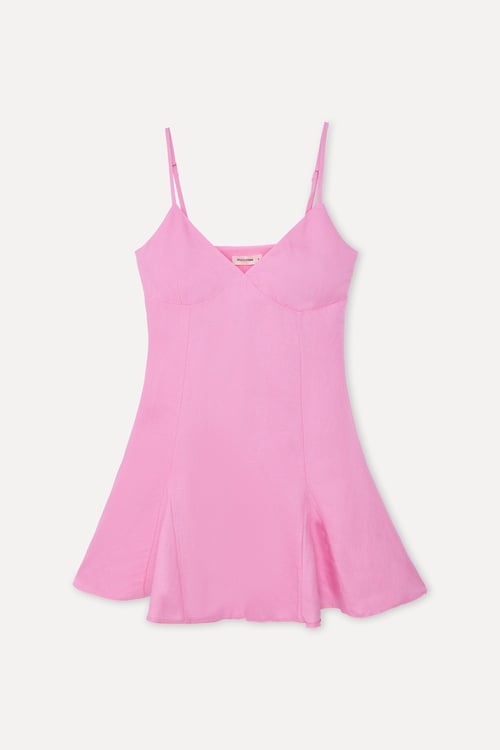 Kadın Pembe A Form Keten Karışımlı Mini Elbise
