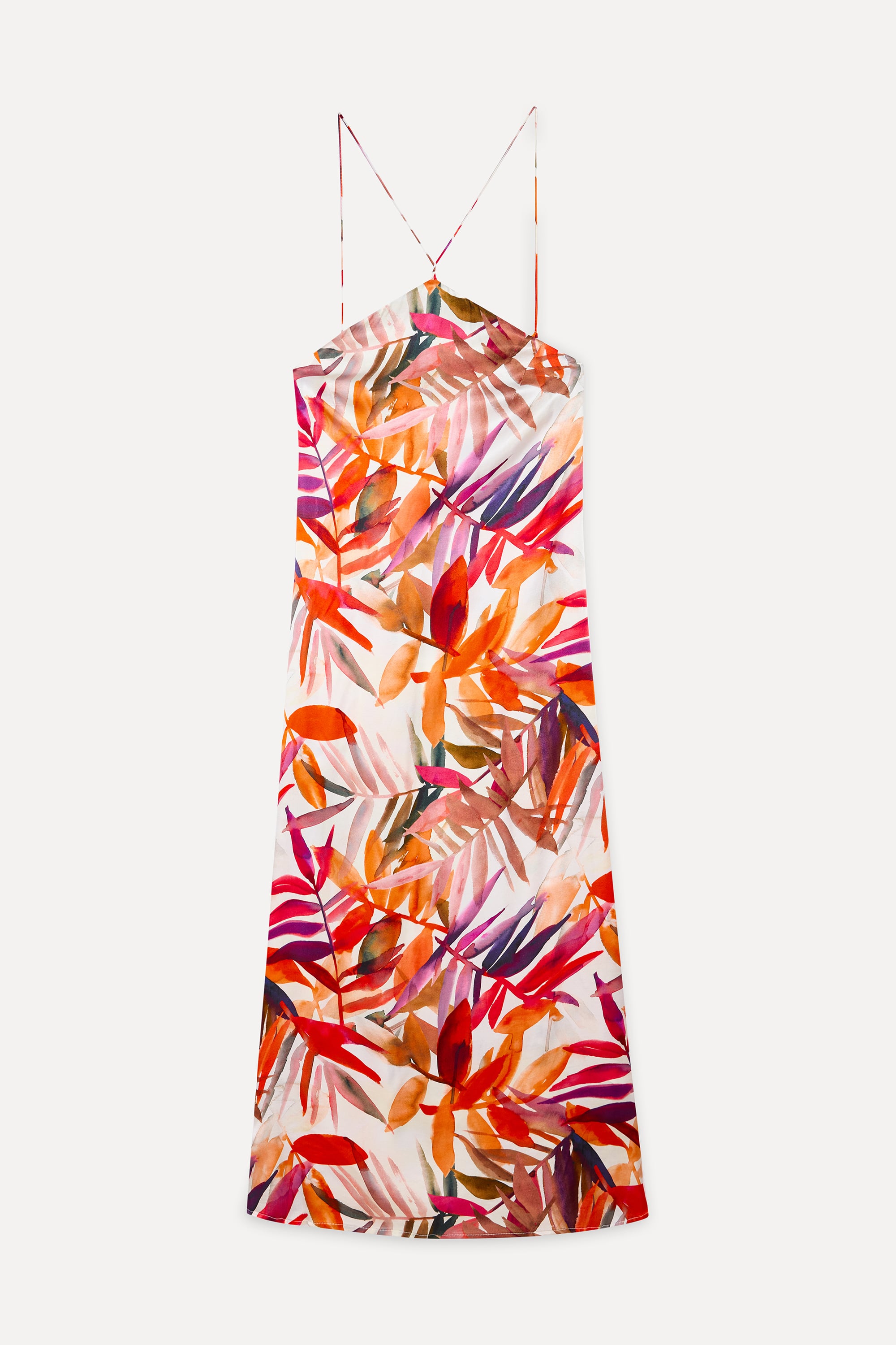 Kadın Ekru Floral Desenli Askılı Midi Elbise