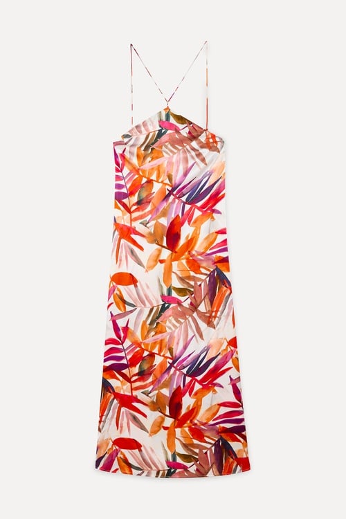 Kadın Ekru Floral Desenli Askılı Midi Elbise