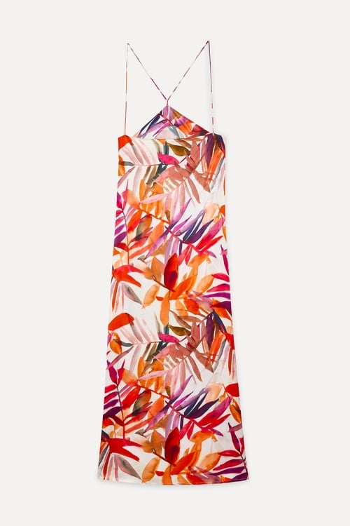 Kadın Ekru Floral Desenli Askılı Midi Elbise
