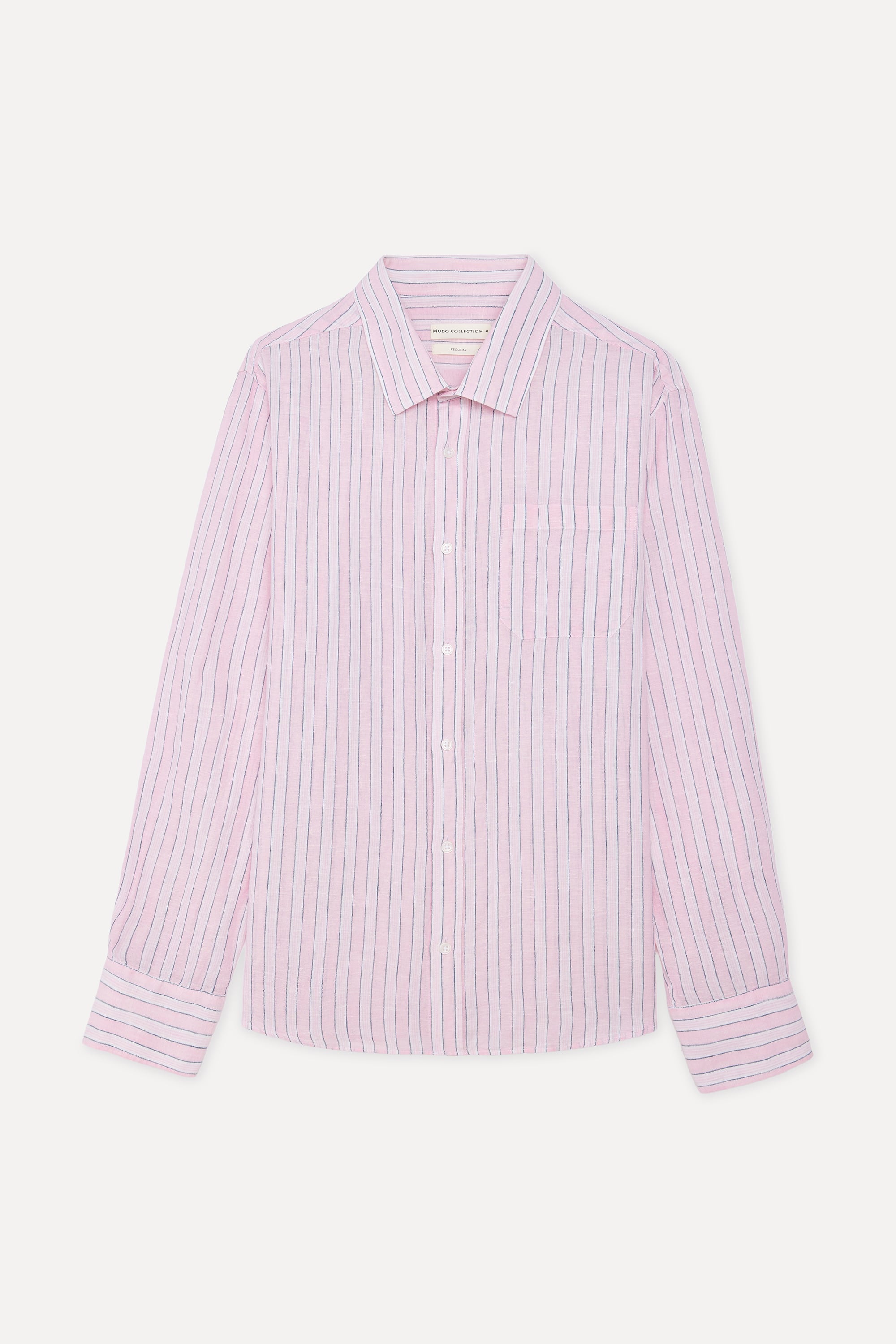Erkek Pembe Çizgili Regular Fit Keten Karışımlı Gömlek