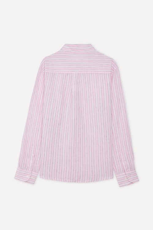 Erkek Pembe Çizgili Regular Fit Keten Karışımlı Gömlek