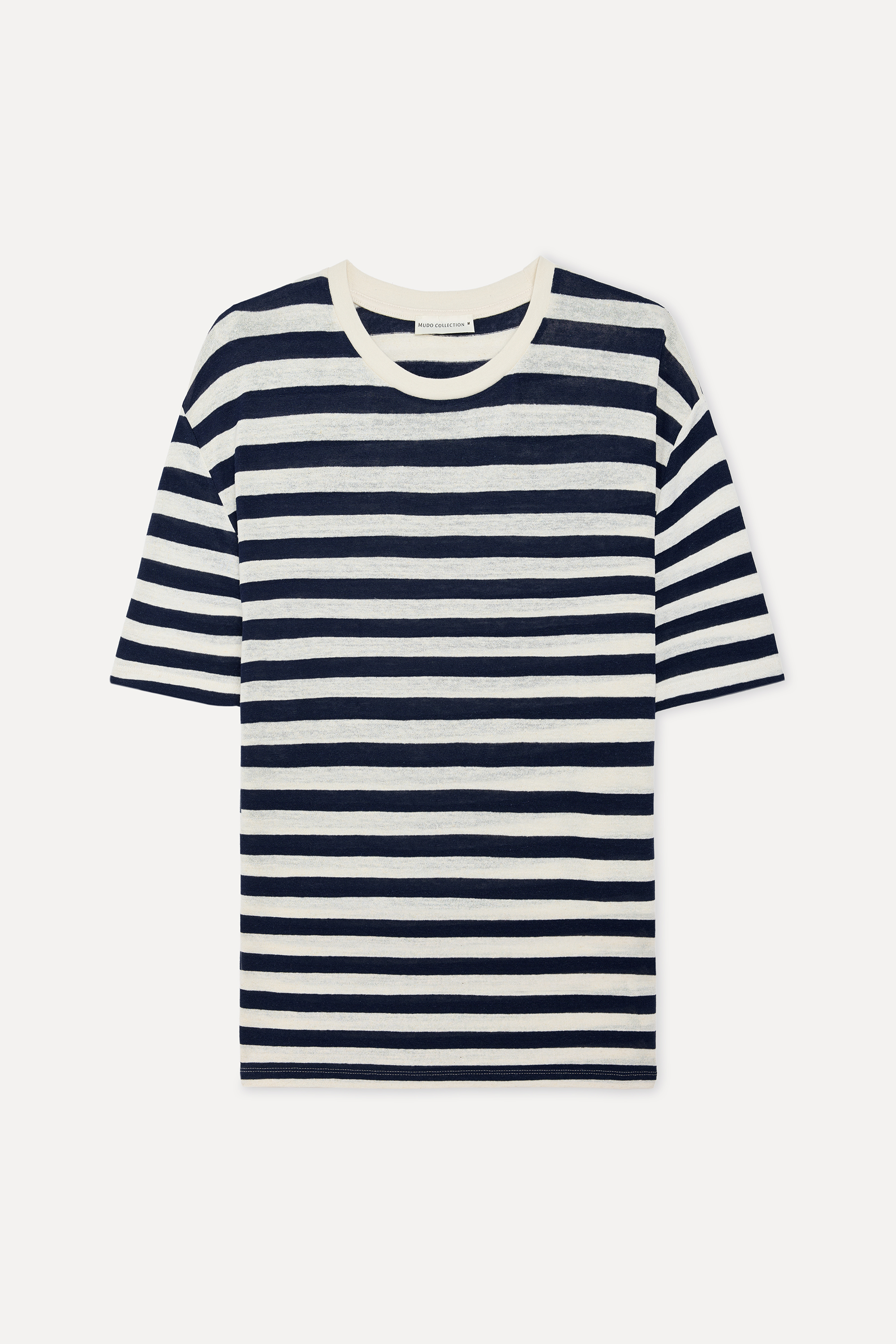Erkek Kırık Beyaz Çizgili Comfort Fit Keten Karışımlı T-Shirt