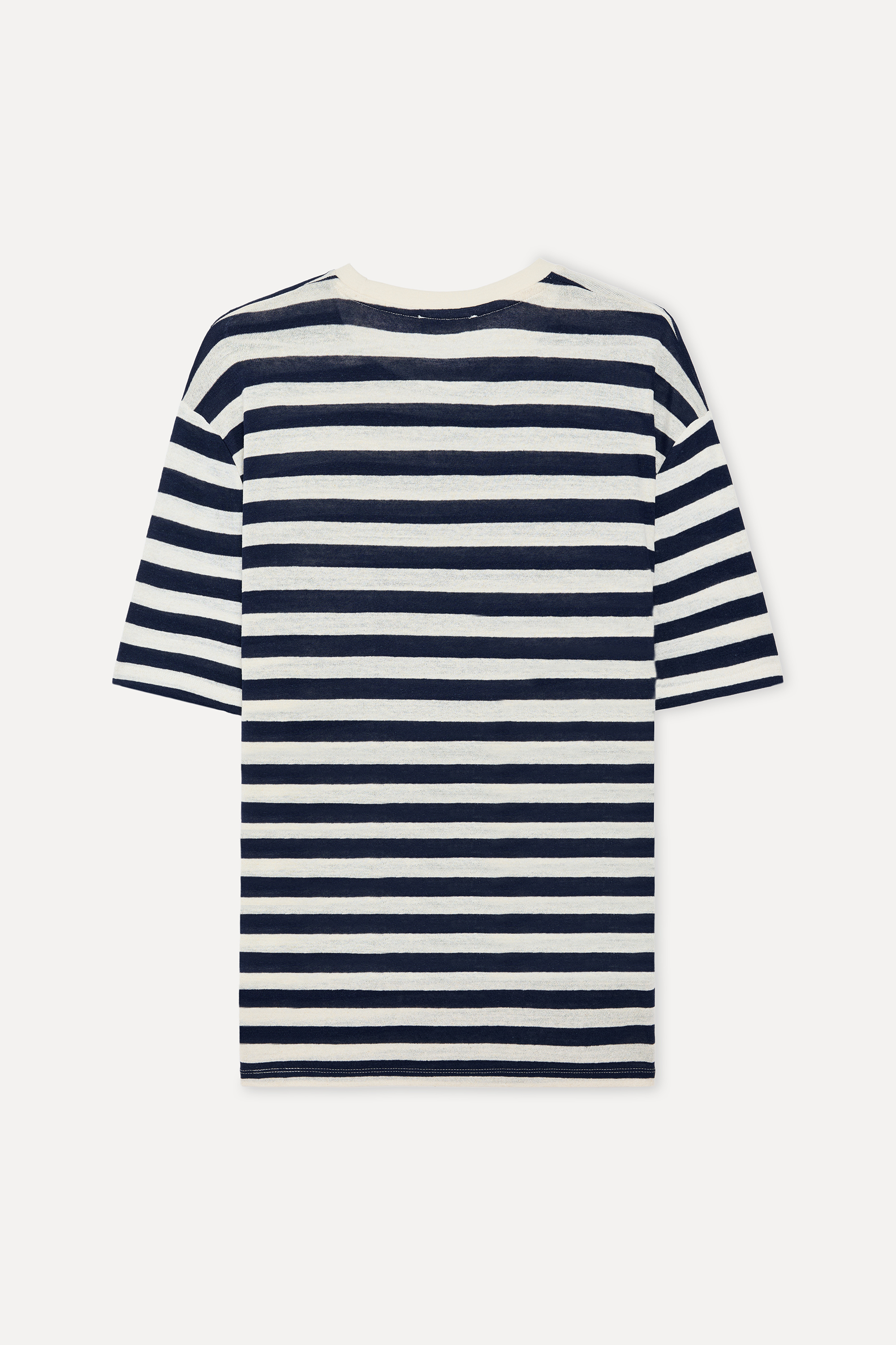 Erkek Kırık Beyaz Çizgili Comfort Fit Keten Karışımlı T-Shirt