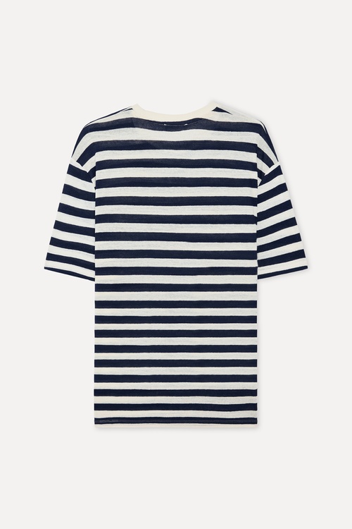 Erkek Kırık Beyaz Çizgili Comfort Fit Keten Karışımlı T-Shirt
