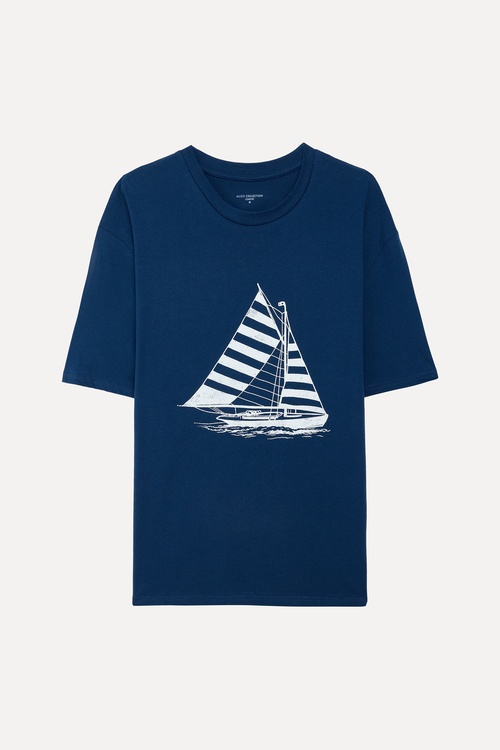 Erkek İndigo Baskılı Bisiklet Yaka T-Shirt