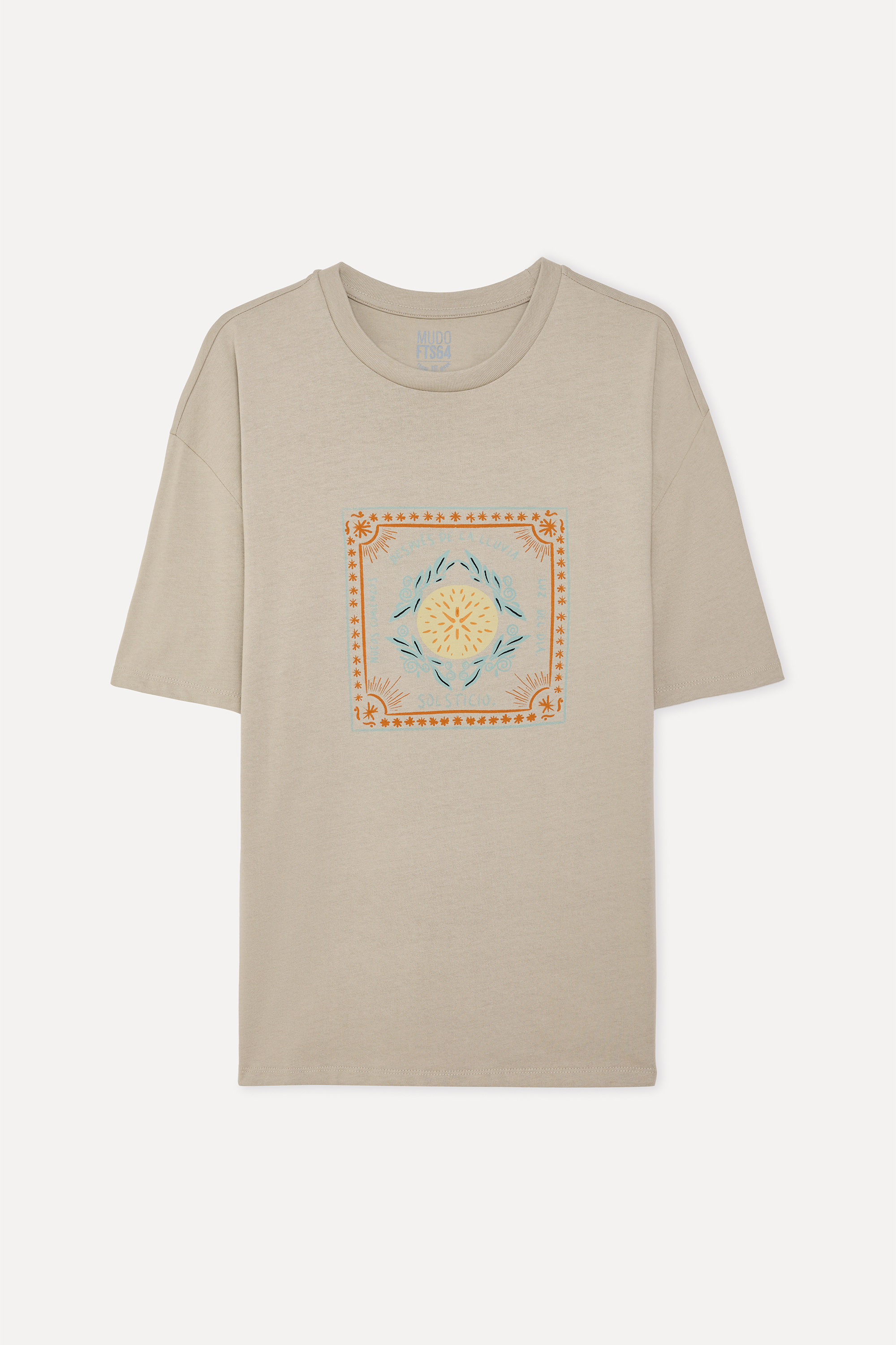 Erkek Bej Rengi Baskılı Oversize Bisiklet Yaka T-Shirt