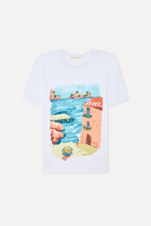 Kadın Beyaz Baskılı Bisiklet Yaka T-Shirt