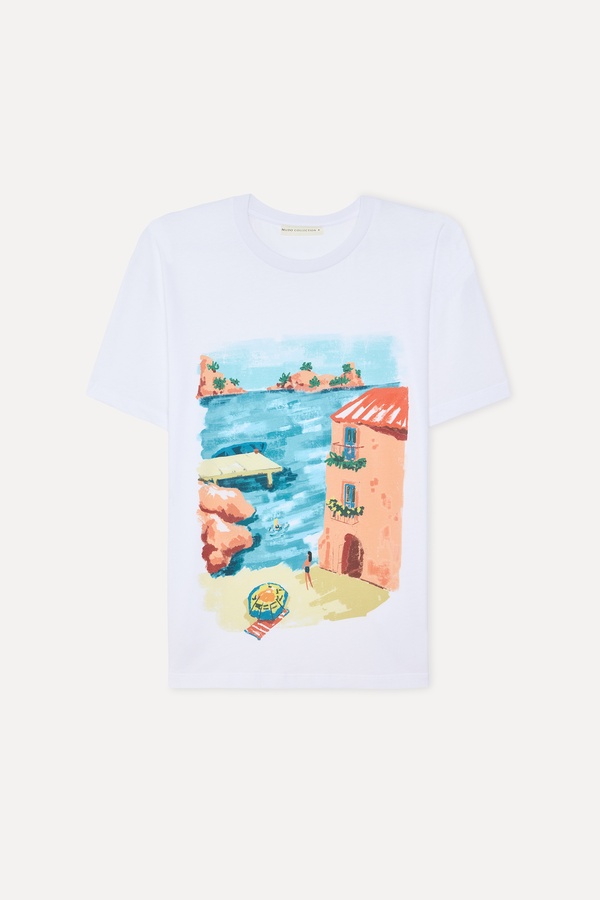 Kadın Beyaz Baskılı Bisiklet Yaka T-Shirt