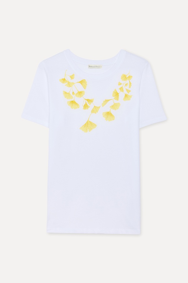 Kadın Beyaz Baskılı Bisiklet Yaka T-Shirt