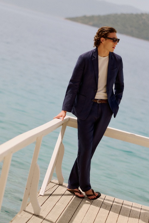 Erkek Lacivert Straight Fit Keten Pantolon