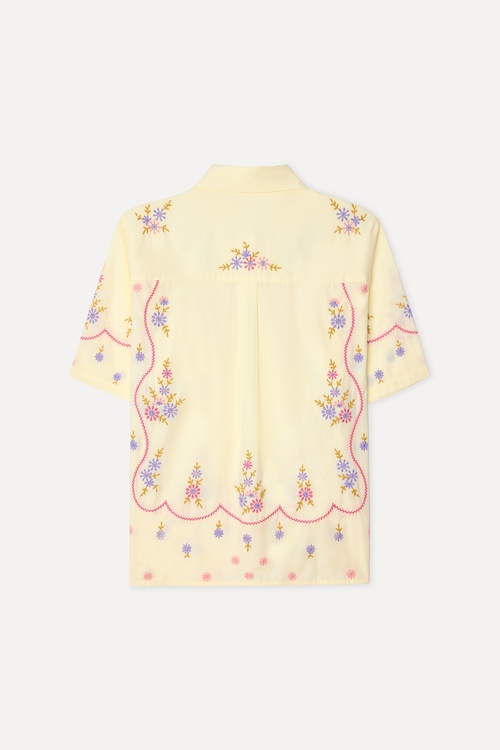 Kadın Sarı Floral Nakışlı Kısa Kollu Gömlek