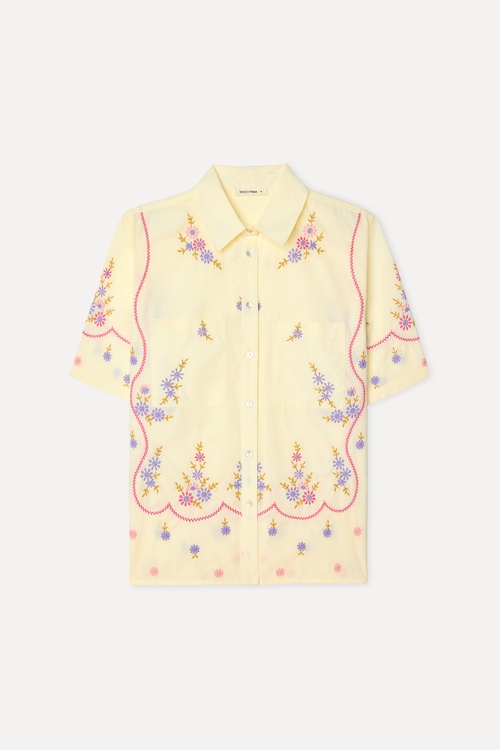 Kadın Sarı Floral Nakışlı Kısa Kollu Gömlek