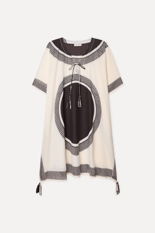 Kadın Ekru Baskılı Oversize Midi Elbise