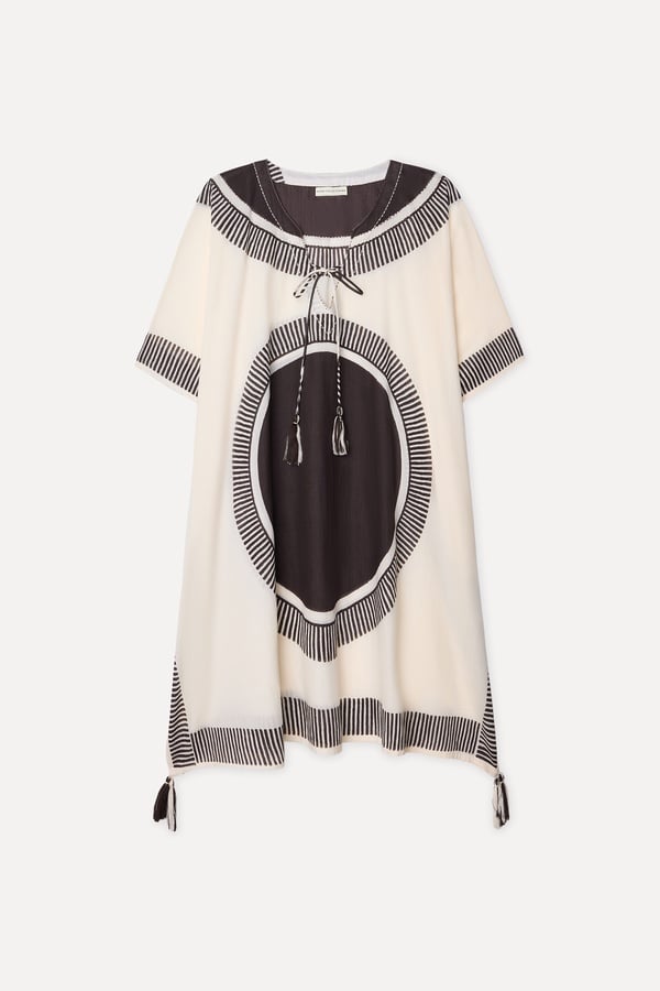 Kadın Ekru Baskılı Oversize Midi Elbise