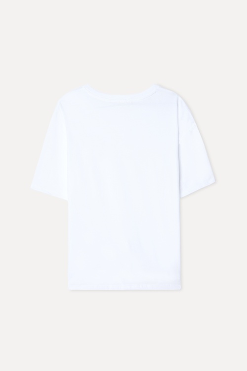 Kadın Beyaz Nakışlı Loose Fit V Yaka T-Shirt