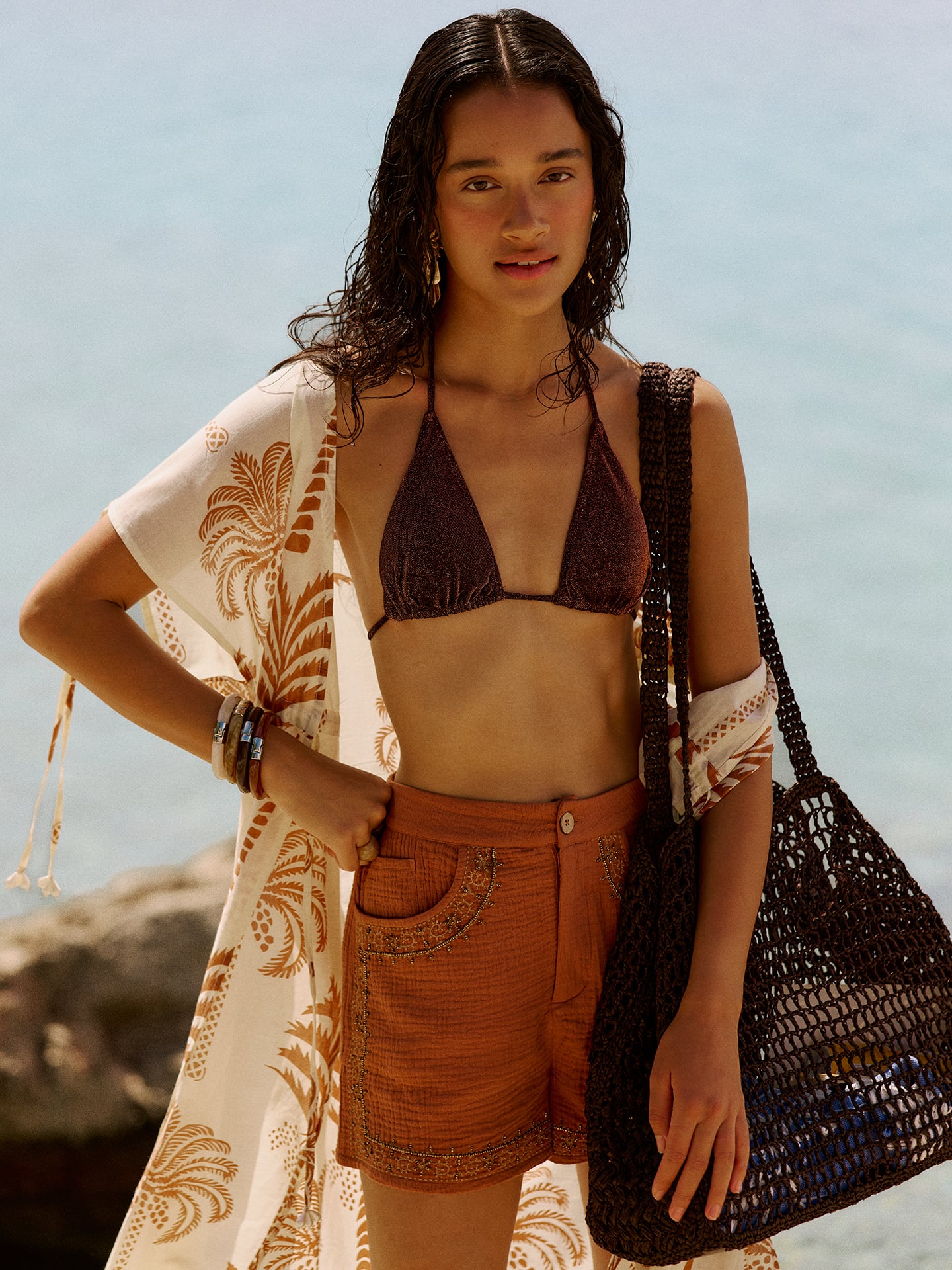 Kadın Ekru Desenli Oversize Midi Kimono